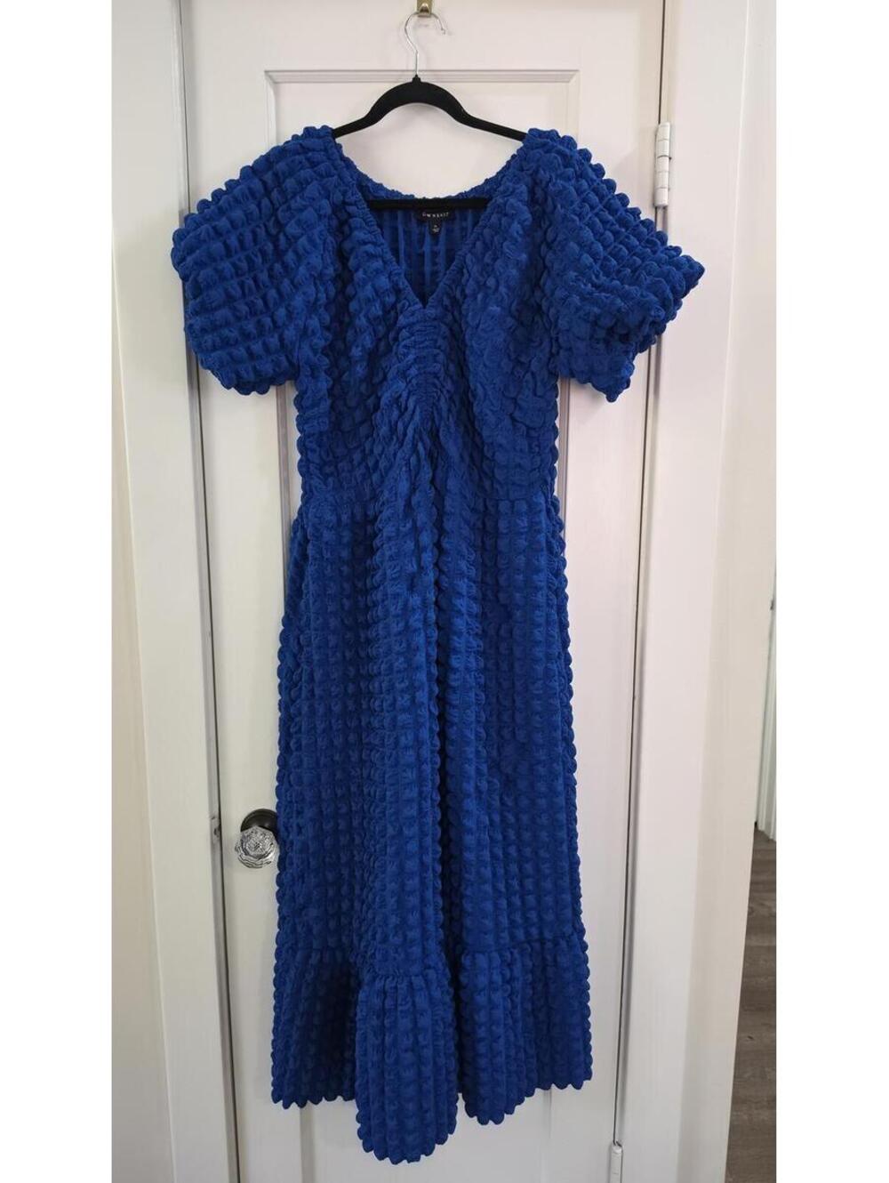 Downeast Blue Textured Puff Sleeve Midi Dress